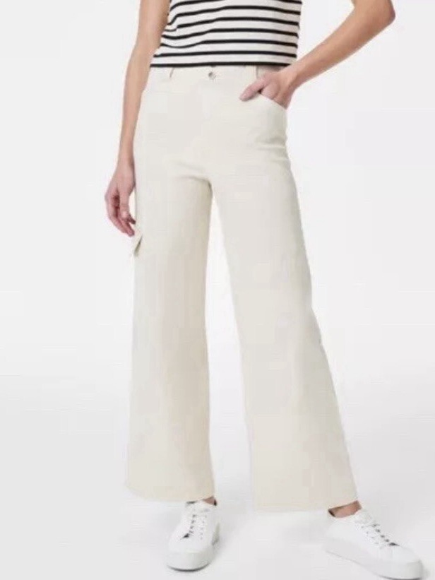 Nwt Spanx Stretch Twill Cropped Cargo Pant Women’s Large In Eggshell